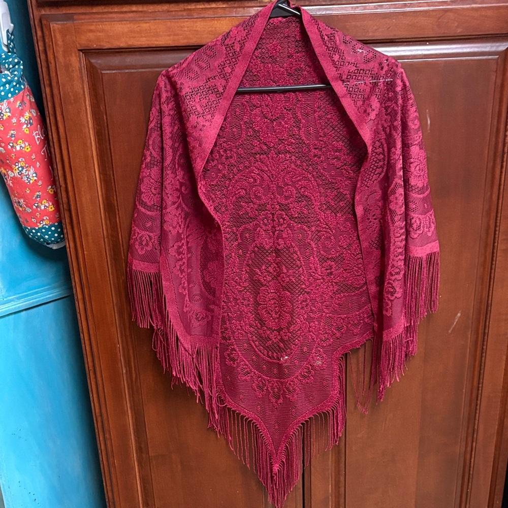 Elegant Burgundy Lace Shawl with Fringe
